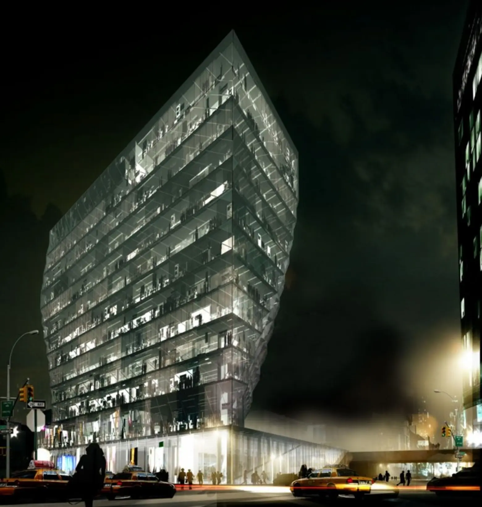 A night view rendering of the Solar Carve tower. Image © Studio Gang Architects