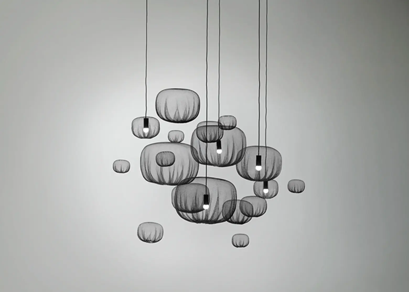 Nendo, Farming-net lights, minimalistic lights, agricultural net, knitted material, heat forming technique, Japanese design