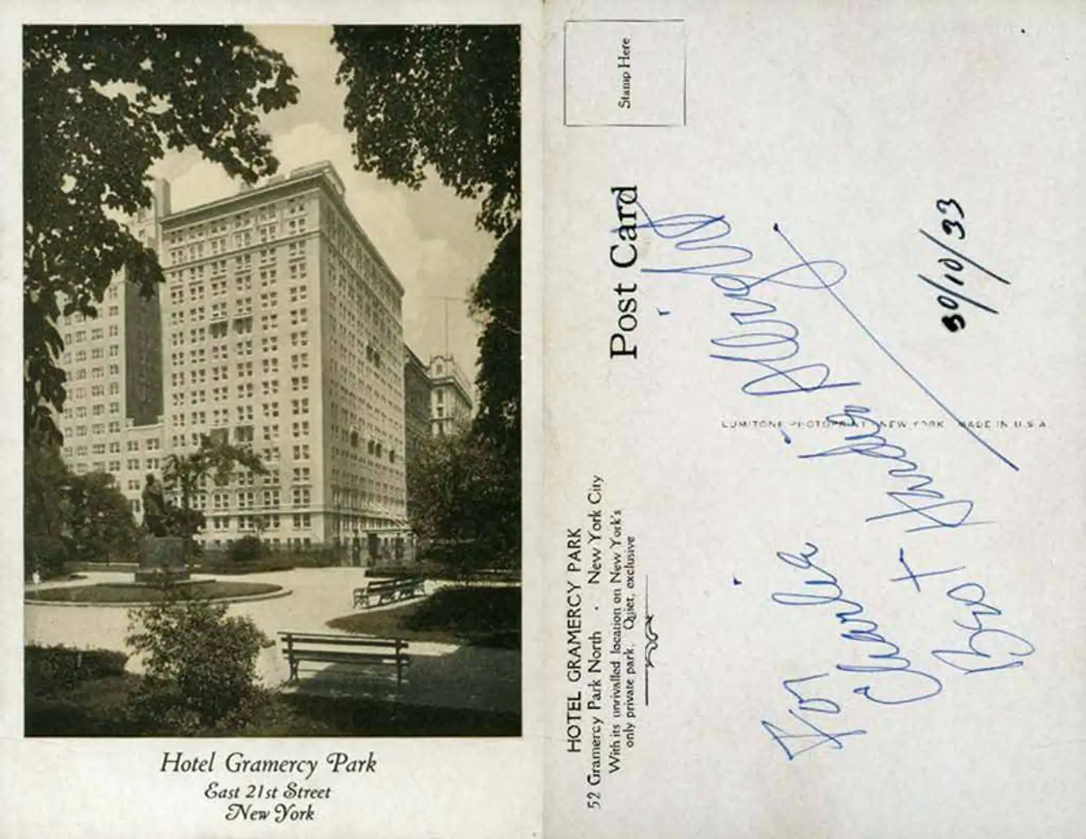 1933 gramercy park hotel postcard