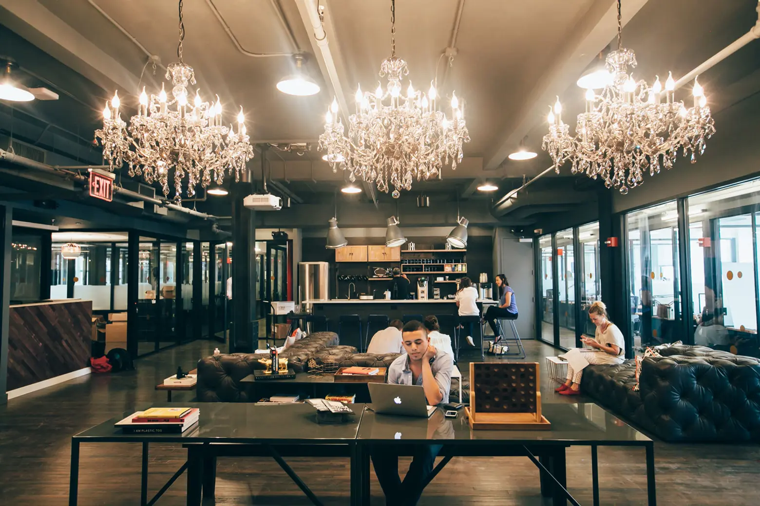 Chandeliers in WeWork's Park South collaborative work environment.
