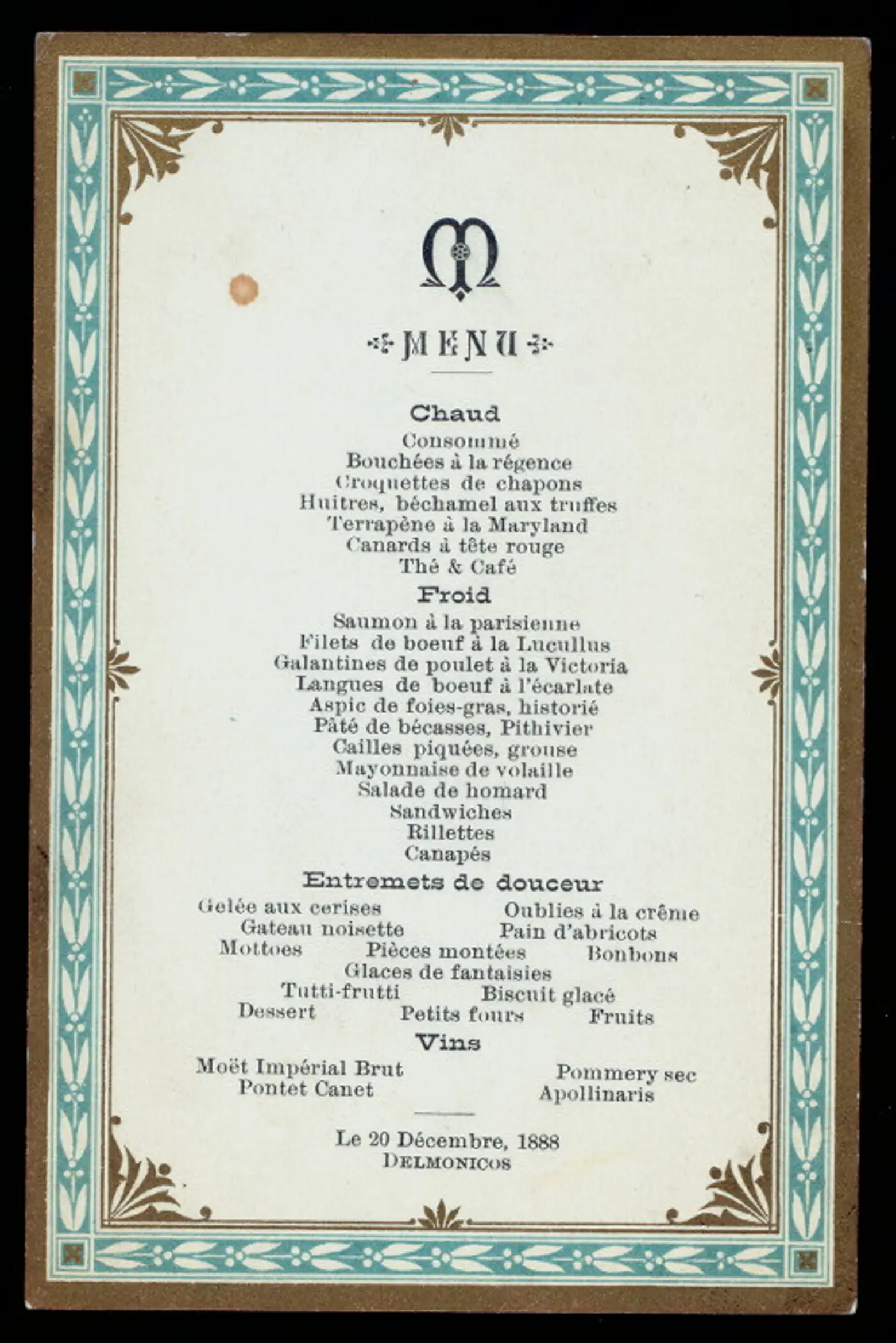 delmonics historic menu, delmonics 19th century menu