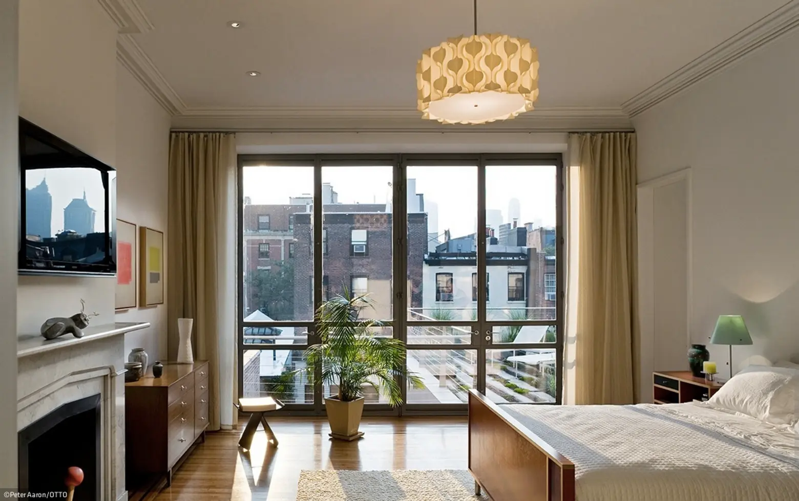 Brooklyn Heights Gothic Revival bedroom, glass wall bedroom