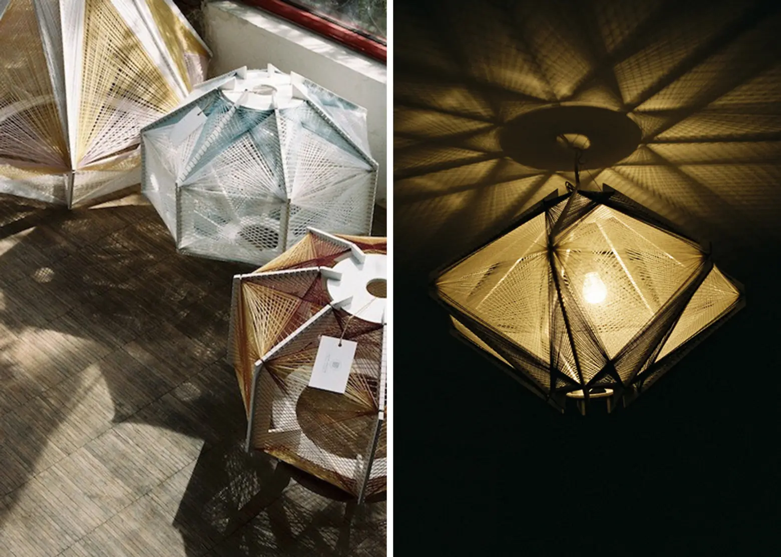 Julie Lansom, Retro-Futuristic style, Sputnik Lamps, paris-based designer, wood and thread, geometric lamps, French design, Russian satellite