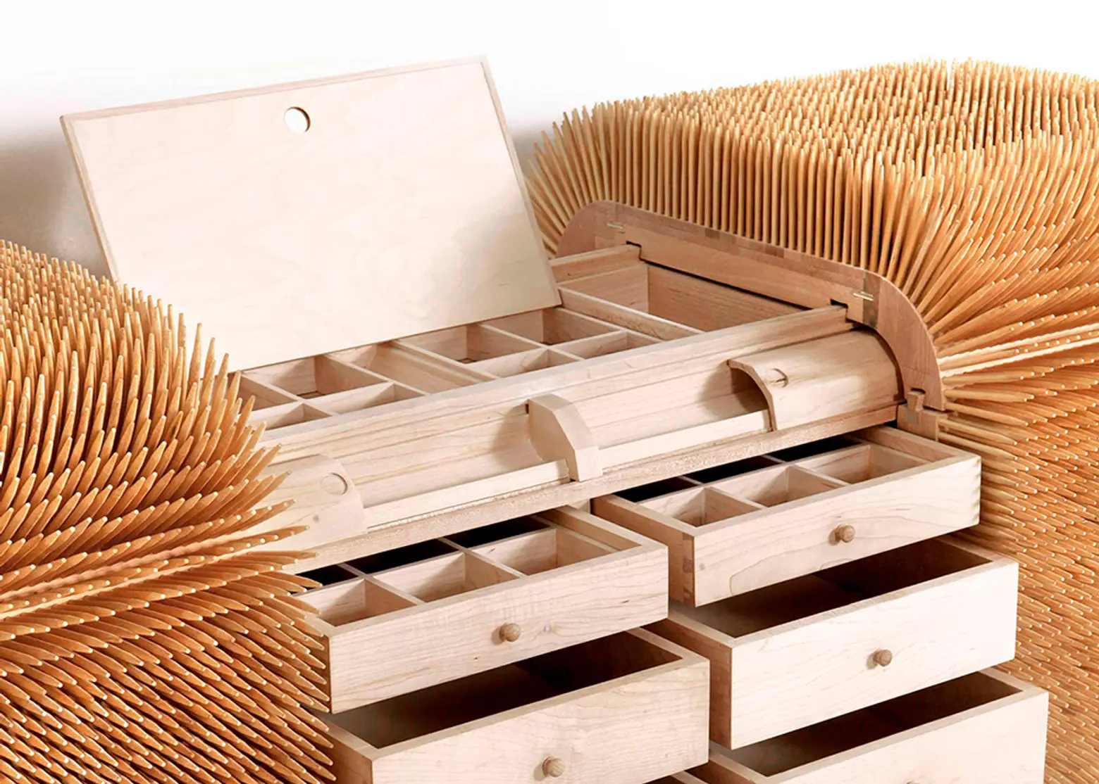 Sebastian Errazuriz, spiky furniture, Magistral Chest, Hardwood Maple, Bamboo, bamboo skewers,