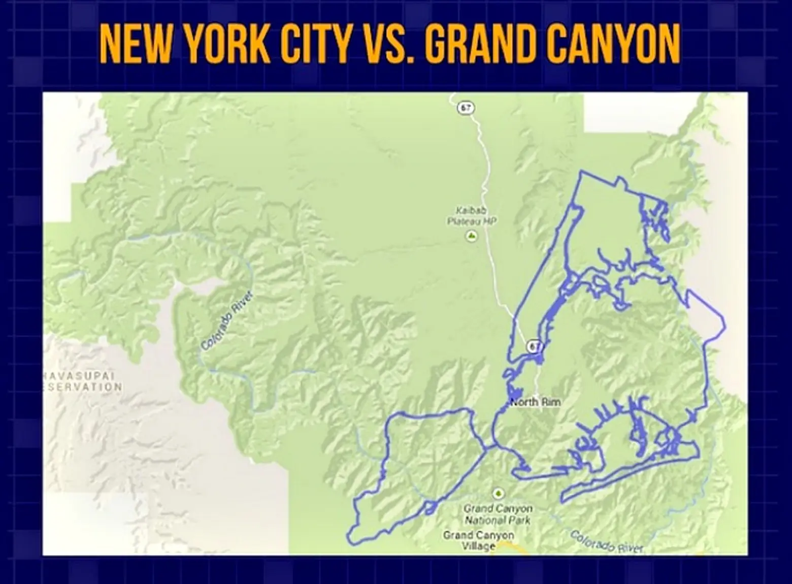 NYC vs Grand Canyon, NYC land map, NYC population map