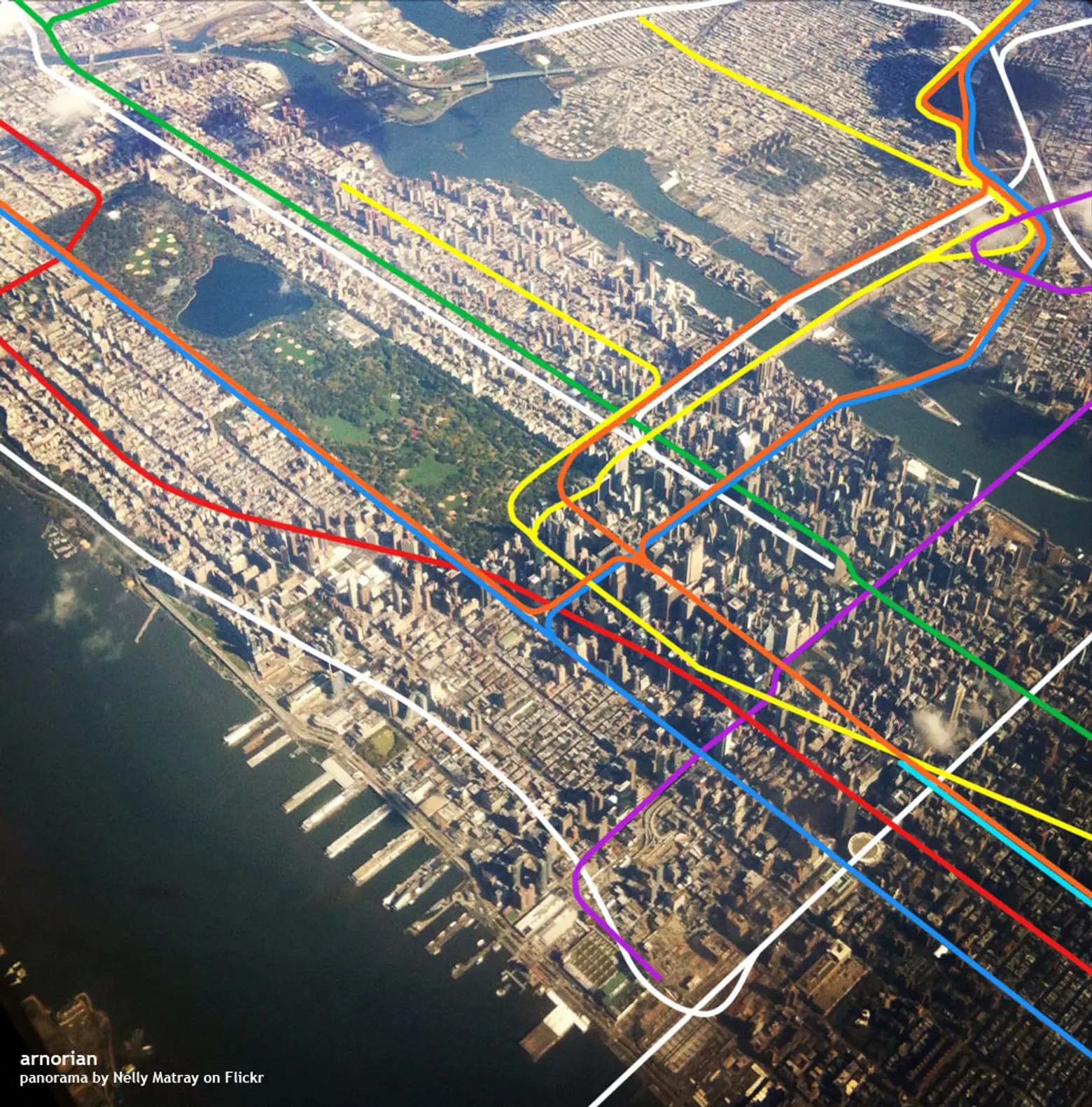 nyc subway system map overlaid over manhattan aerial image, nyc subway aerial