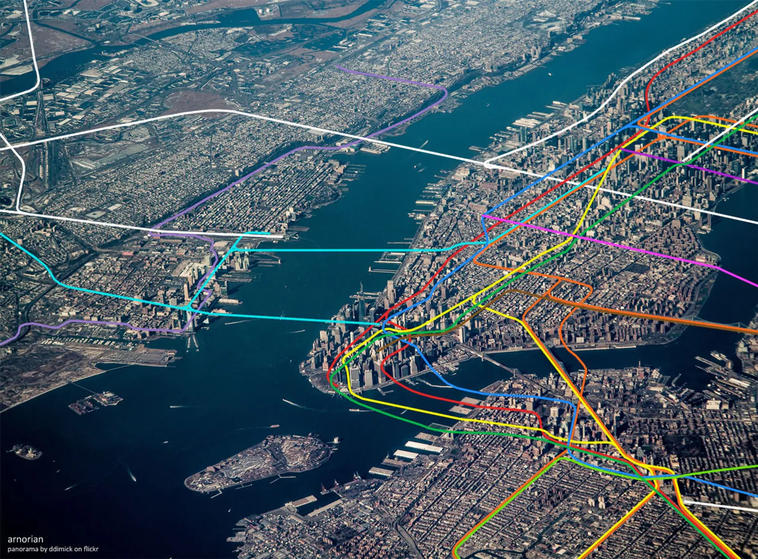 nyc subway system map overlaid over manhattan aerial image 2