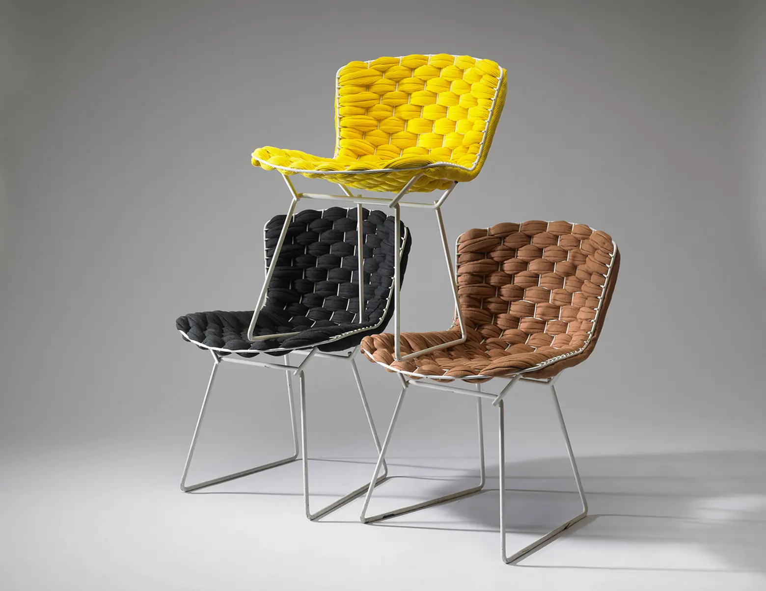 French design, Clément Brazille, Bertoia chairs, classic with a twist, classic redesign, woden fabric upholstery, Wire Chair, Bertoia Loom Chair