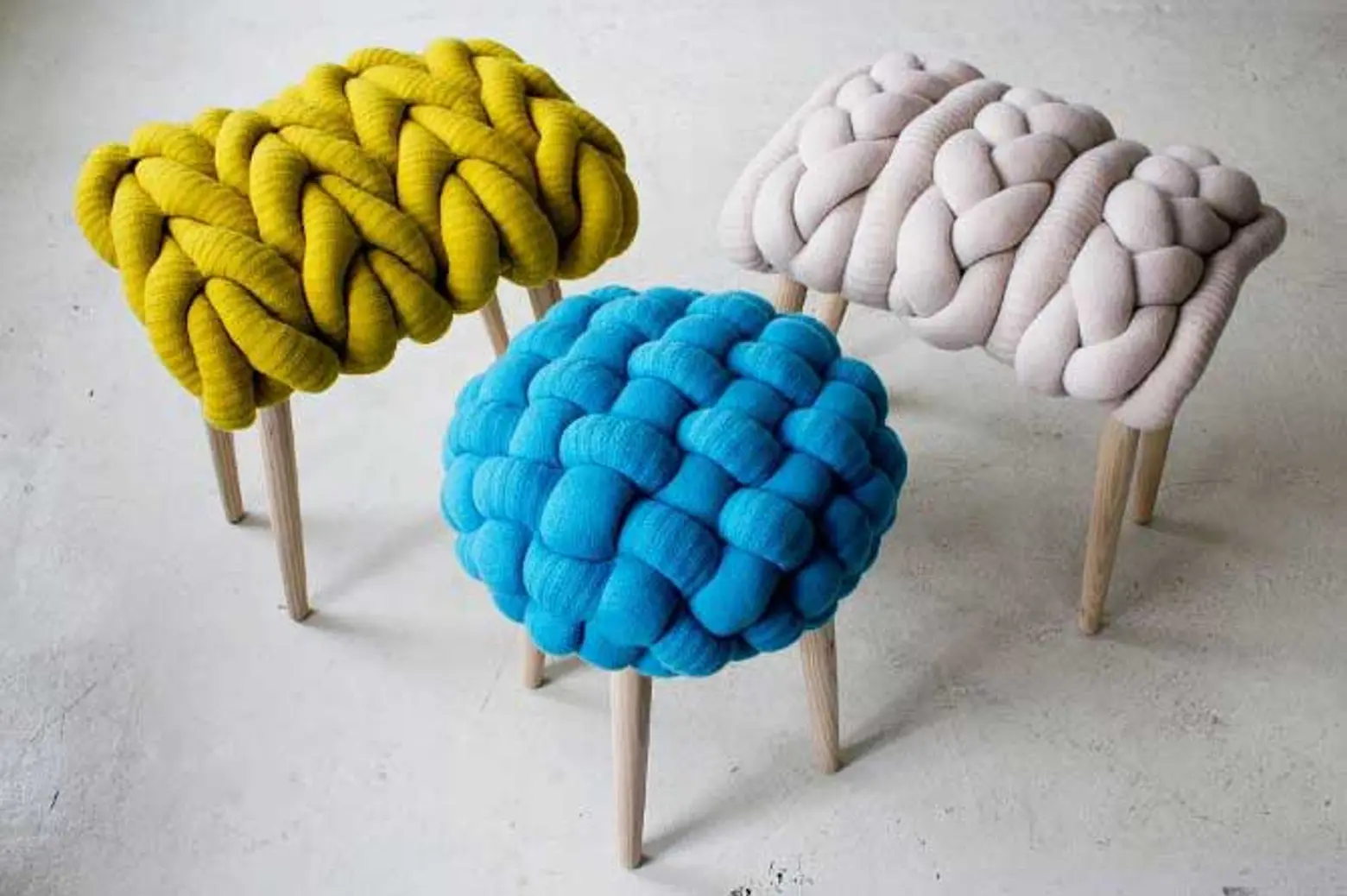 Claire-Anne O’Brien, Chunky Woolen Stools, Knit Stools, lams wool, ash wood legs, cozy stools, knitted stools, traditional techniques, tactile designs,