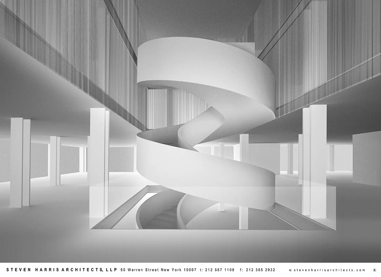 Rendering of spiral staircase for Barneys’ Chelsea flagship by Steven Harris Architects