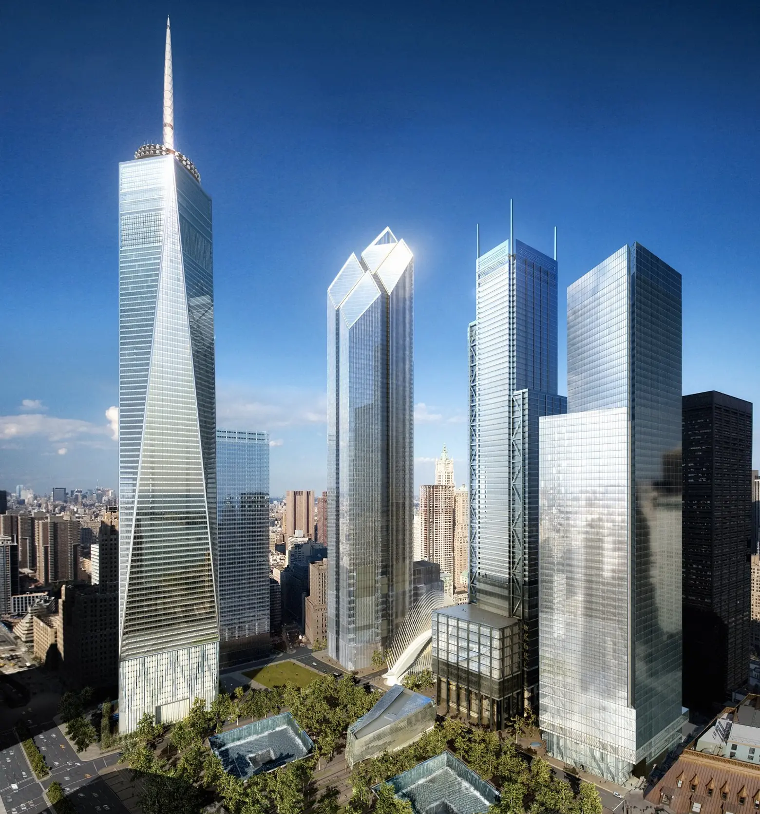 The World Trade Center redevelopment plan, viewed from the southwest, in 2006 with towers by Childs, Foster, Rogers and Maki from left to right