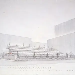 A pencil rendering of the Usonian Exhibition.