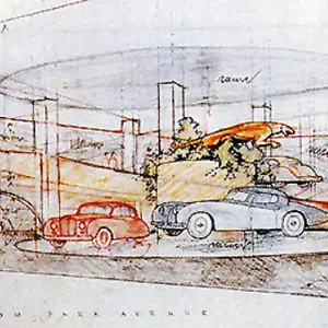 An illustration of the Frank Lloyd Wright auto showroom.