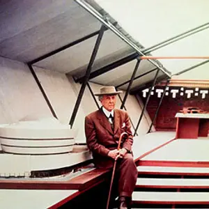 frank lloyd wright at his unisonian home pavilion in nyc