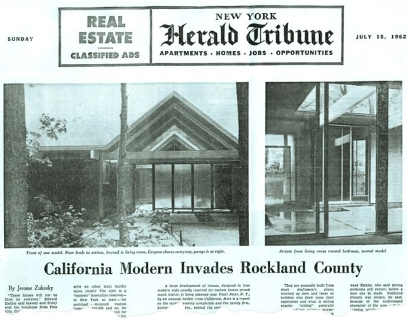 Eichler, East Coast Eichlers, Modernist Architecture, Modern House, Mid-century Modern, 130 Grotke Road, Herald Tribune Headline