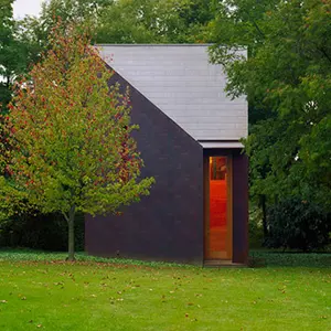 Andrew Berman Architect, copper clad, Writing Studio, Bellport, writing space, tranquil writers cabin, natural light, color change, copper skin