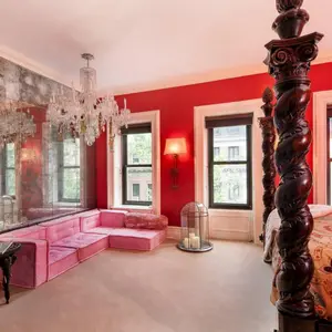 132 East 62nd Street, Suzanne Sheik, gold-plated couch and Frank Sinatra oil painting