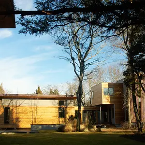 Martin Architects, North Haven, Peconic Residence, assemblage of volumes, sustainable home, Japanese garden, house with waterfall, recycled materials,