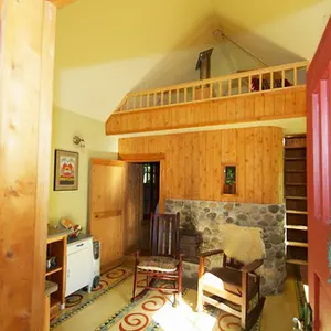 Finger Lakes National Forest, woodland cabin with a loft, all-wood cabin, Finger Lakes Wine Trail, cabin with sauna, dry toilet, loft bedroom, gable roof cabin