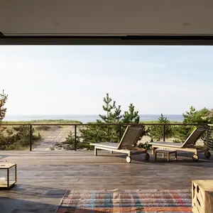 Stelle Lomont Rouhani Architects, contemporary seaside home, Shore House, wooden louvers, beachfront property, Amagansett