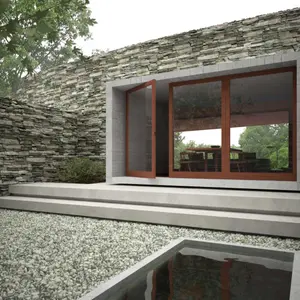 Aklitsch / Gardner Architects, burnt old house, Gambaccini Residence, masonry basement, dry-stone wall, 'dematerialization' concept, Hudson River, Upstate New York, glazed wall