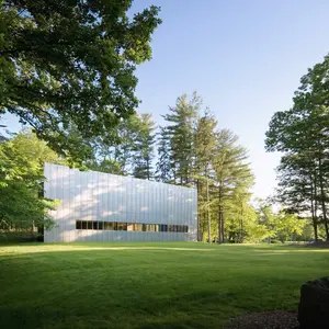 Woodland retreat, perforated steel curtain, Phifer and Partners, Hudson Valley, simple architecture, ethereal home, Salt Point House