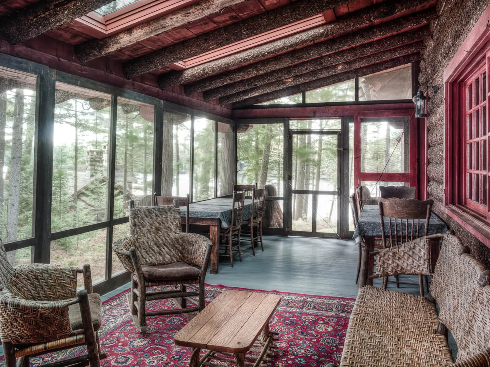 Camp Uncas, Adirondacks, JP Morgan vacation home, Camp Uncas Main Lodge porch