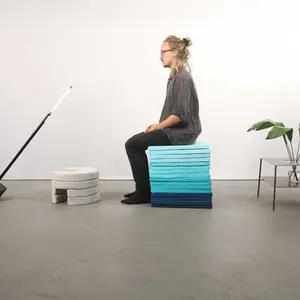 Karl Frederik Scholz, Michal Blutrich, stackable furniture system, Pile, multifunctional furniture, long lamp, colorful cushions, relaxation furniture
