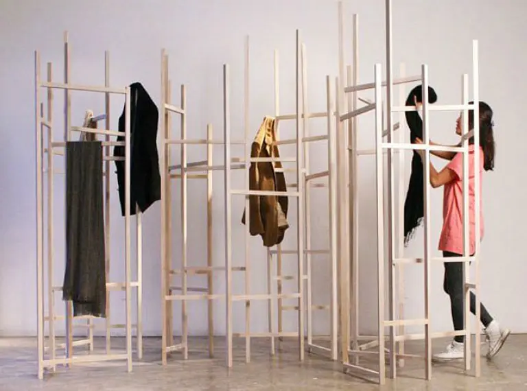 Jack Craig’s Skeletal Coat Rack Turns Into a Room Divider as Clothes Populate It