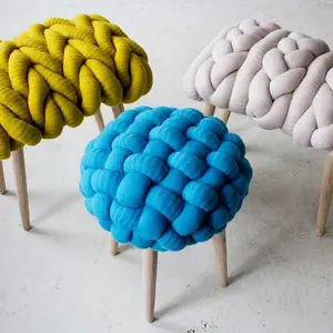 Claire-Anne O’Brien, Chunky Woolen Stools, Knit Stools, lams wool, ash wood legs, cozy stools, knitted stools, traditional techniques, tactile designs,