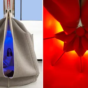 Freyja Sewell, Felt Cocoon, Sensory Concentration Space, cozy cocoon, reconnect with senses, LED lights, biodegradable felt, British design, modern urban life space