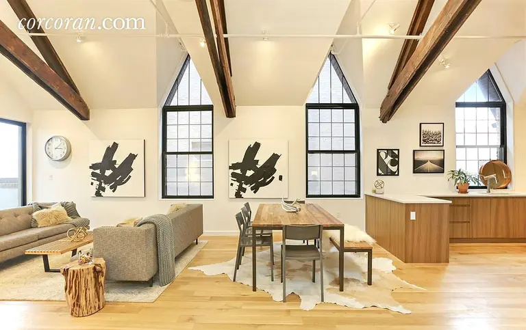 $3.3M Williamsburg Condo in a Converted Brick Church Has Soaring Cathedral Ceilings