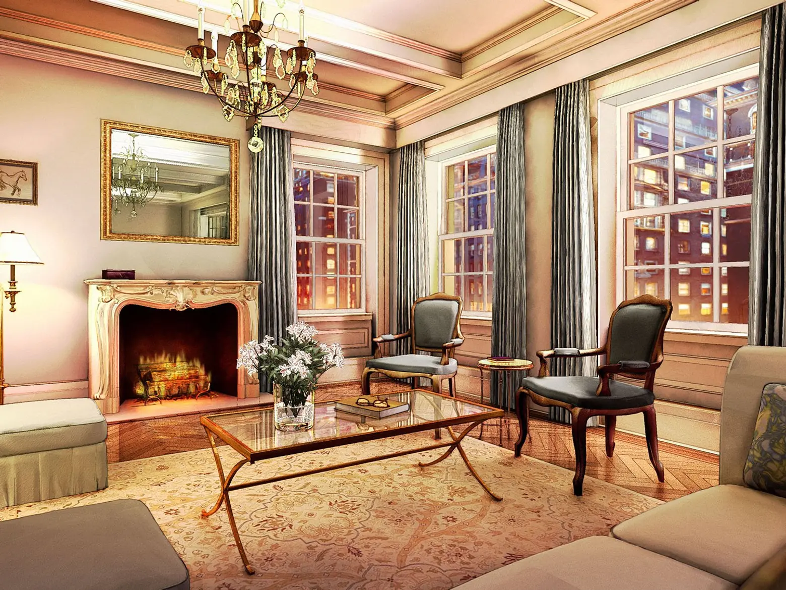 A rendering of a living room for Barry Rice Archictect's 823 Park Avenue