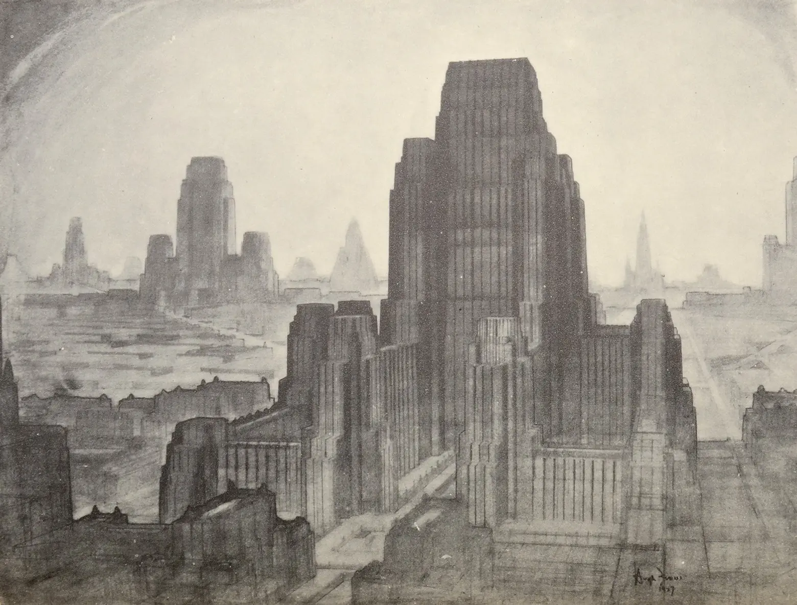 "The Metropolis of Tomorrow" drawn by Hugh Ferris