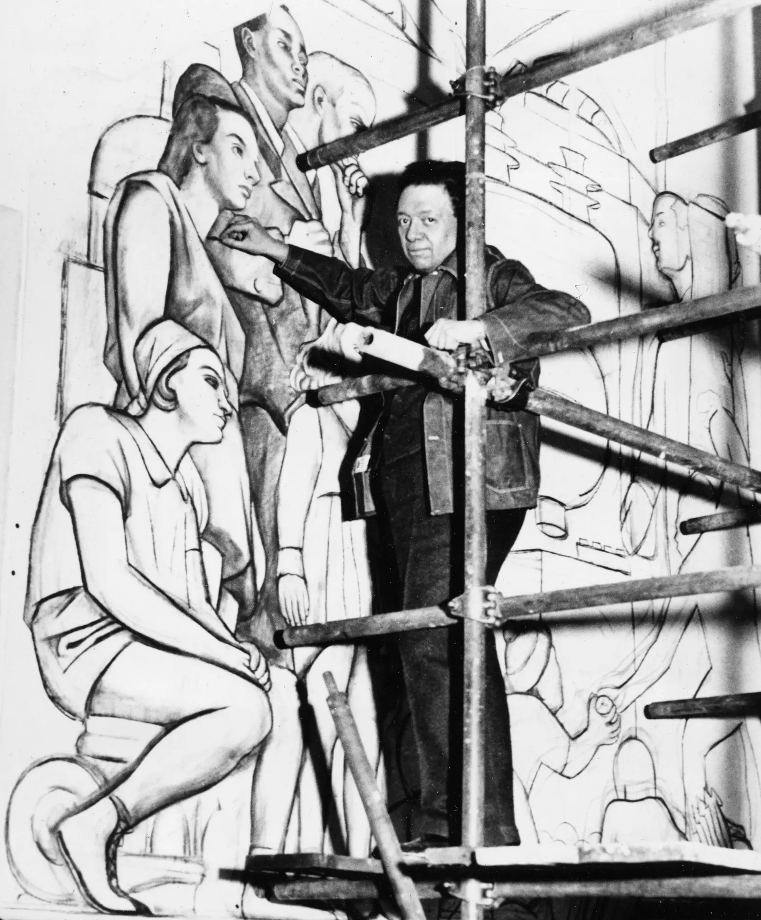 Rivera Diego works on panel of mural in Rockefeller Center in 1933