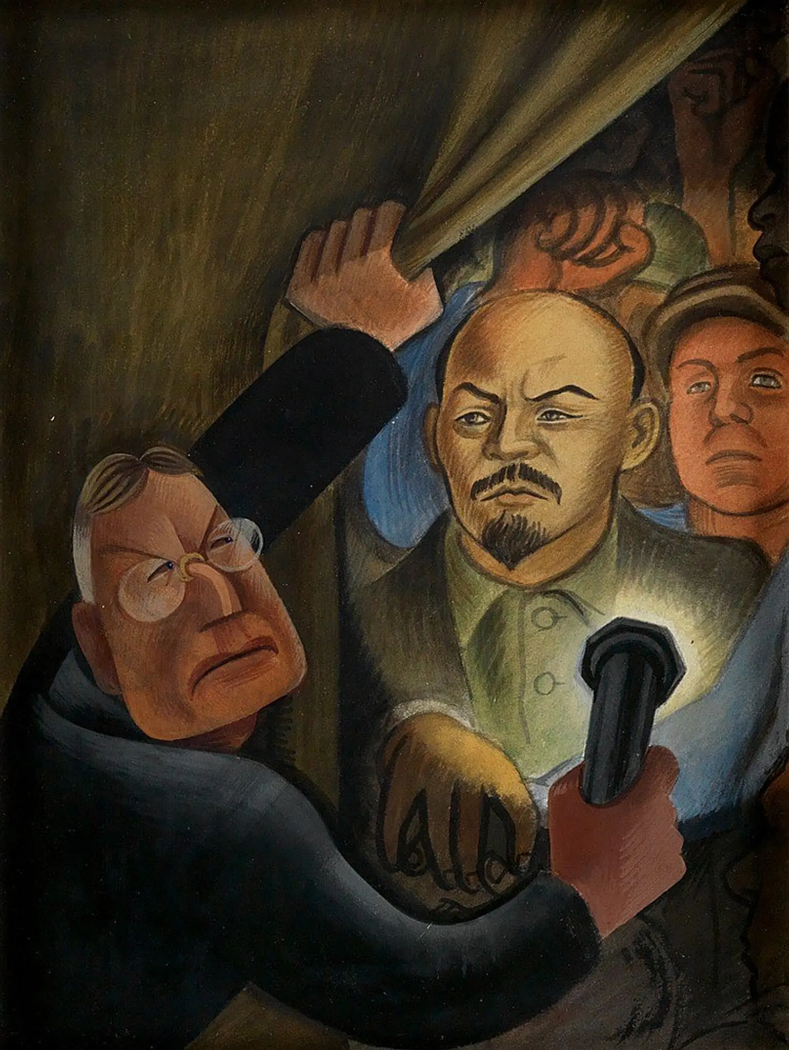 A charicature of John D. Rockefeller, Jr. discovering the controversial portrait of the Soviet Union leader Vladimir Lenin in Rivera’s mural, Man at the Crossroads, at Rockefeller Center, New York. Rivera’s inclusion of Lenin’s portrait so incensed Rockefeller that he ordered Rivera to stop work and the murals were destroyed before their completion.