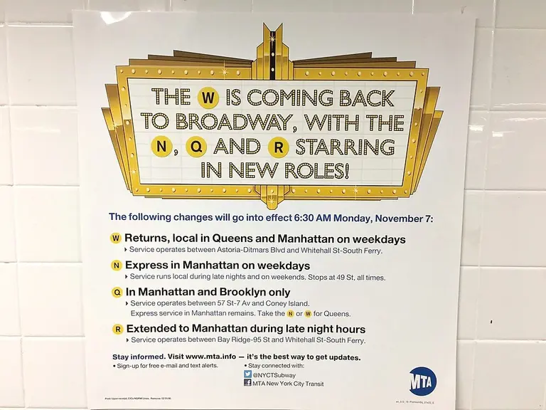 MTA puts up flyers touting the W train’s November 7th return