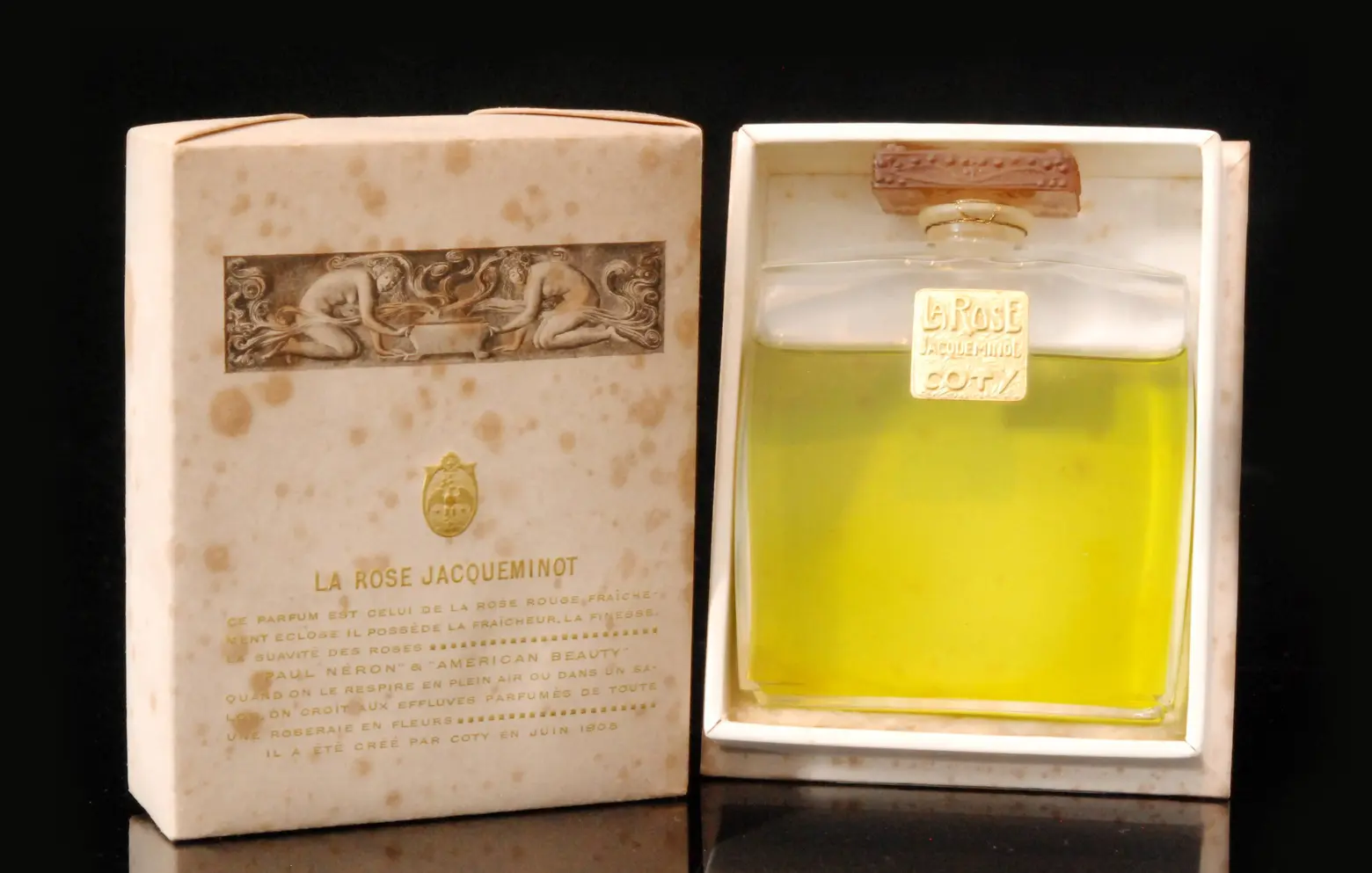 Coty, Vintage bottle and box for La Rose Jacqueminot perfume, 1904