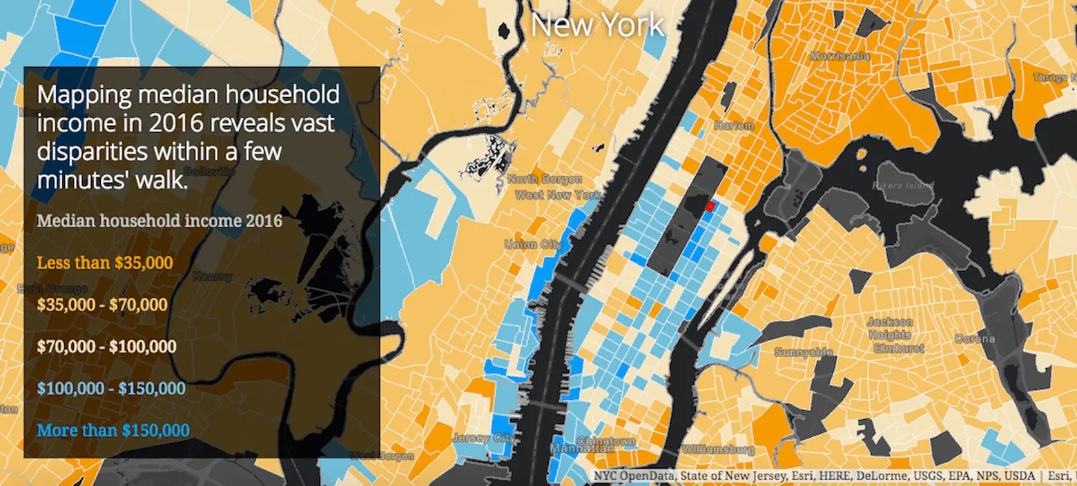 esri, wealth divides, maps, data visualization, shrinking middle class, gap between rich and poor, wealth, poverty, demographics, economic map, nyc maps, urbanism, american cities