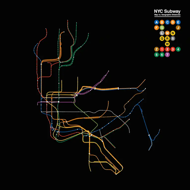 The ‘map distance’ vs. the ‘geographic distance’ of the NYC subway