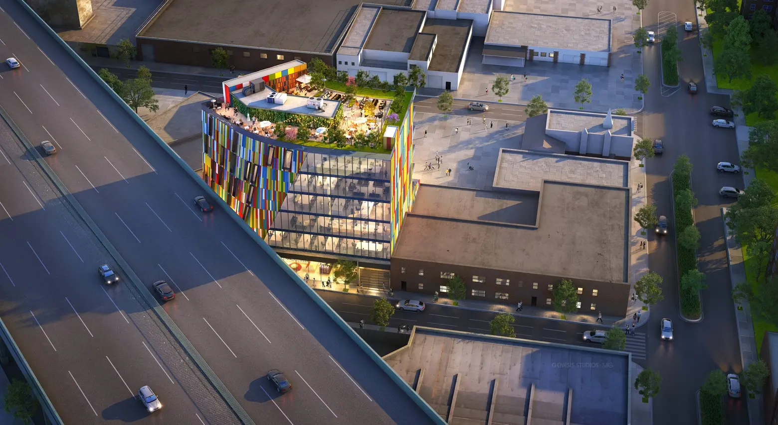 Albo Liberis’ Red Hook office concept proposes a colorful kaleidoscope next to the BQE