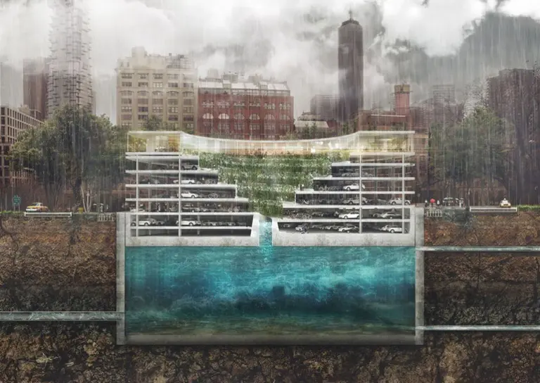 POP-UP concept is a floating parking garage with moving water reservoir and green space