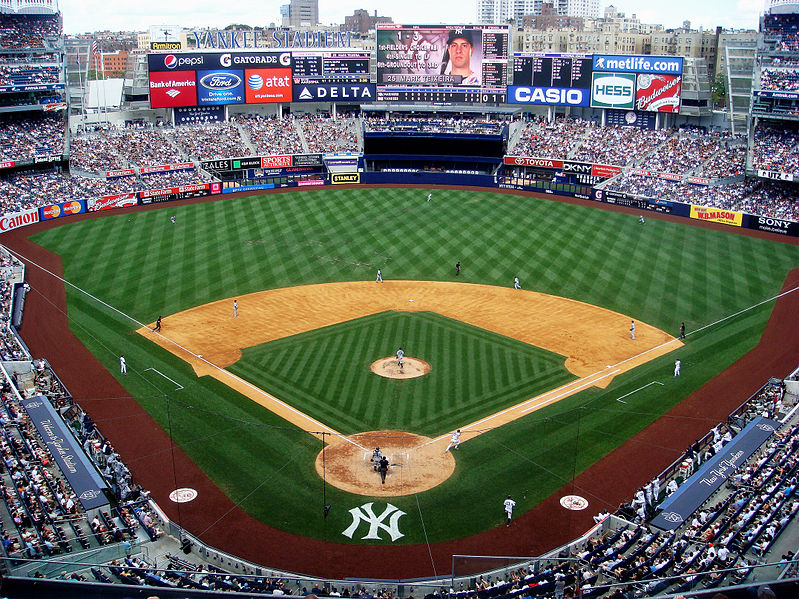 New hot York Yankees stadium wooden train track with skyline