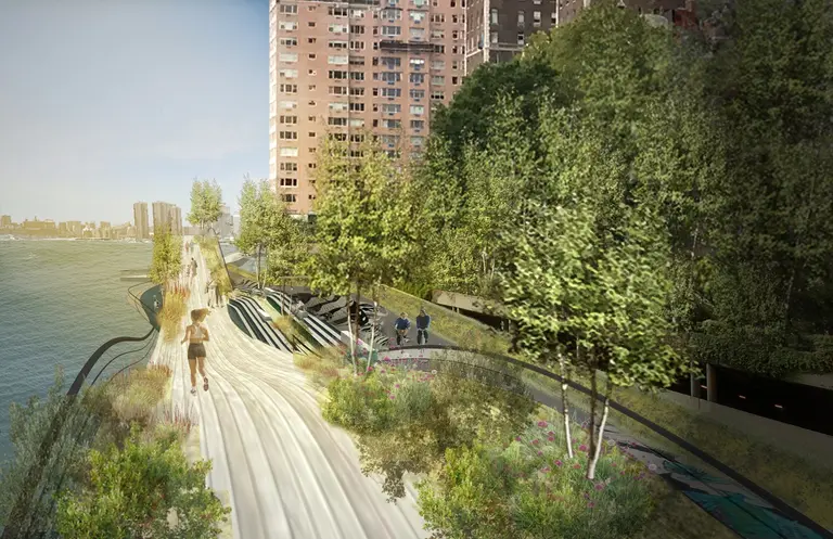 Proposal for gap along East River greenway calls for two wave-like lanes and flexible outdoor rooms