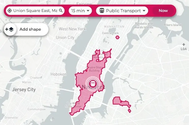 This map tells you how far you can walk, bike, drive or ride public transit in a set amount of time