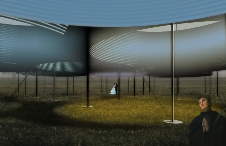 A pavilion made of metal grain bins will debut this summer on Governors Island