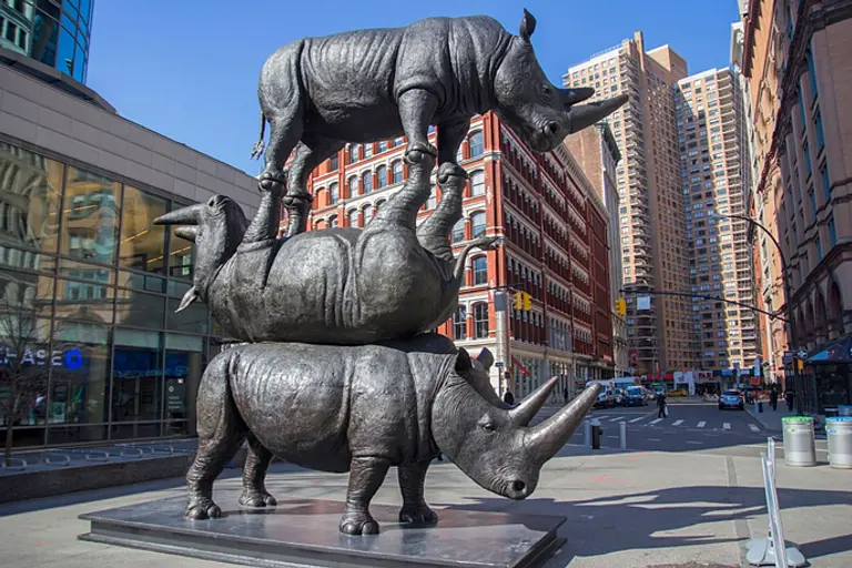 17-foot stacked, bronze rhino sculpture finds new home in Downtown Brooklyn