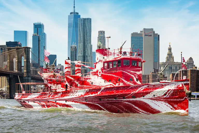 Historic fireboat gets marbled ‘dazzle’ design before it sets sail around the NY Harbor this summer