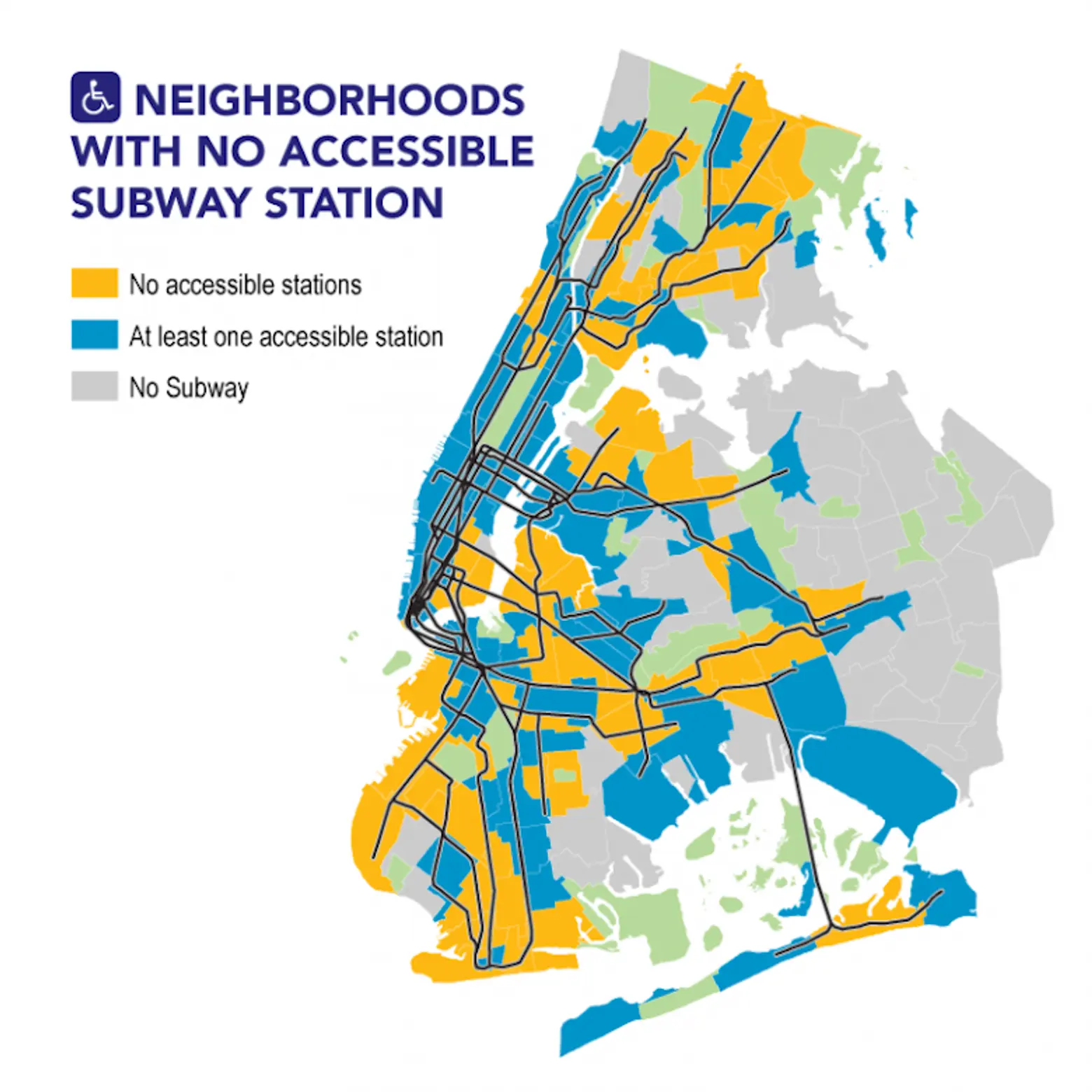 62 New York City neighborhoods lack an accessible subway station