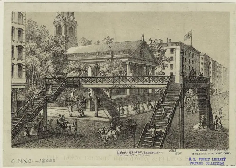 In 1867, this lost Broadway bridge caused a feud between two hat shop owners